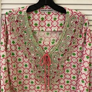 Barbara Gerwit cotton 3/4 sleeve with beaded cuffs+neckline in green+pinks (m)